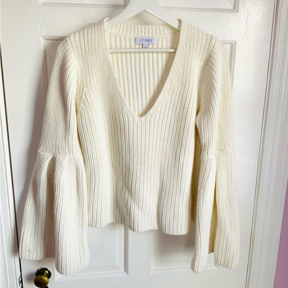 Intermix white v neck sweater with bell sleeve